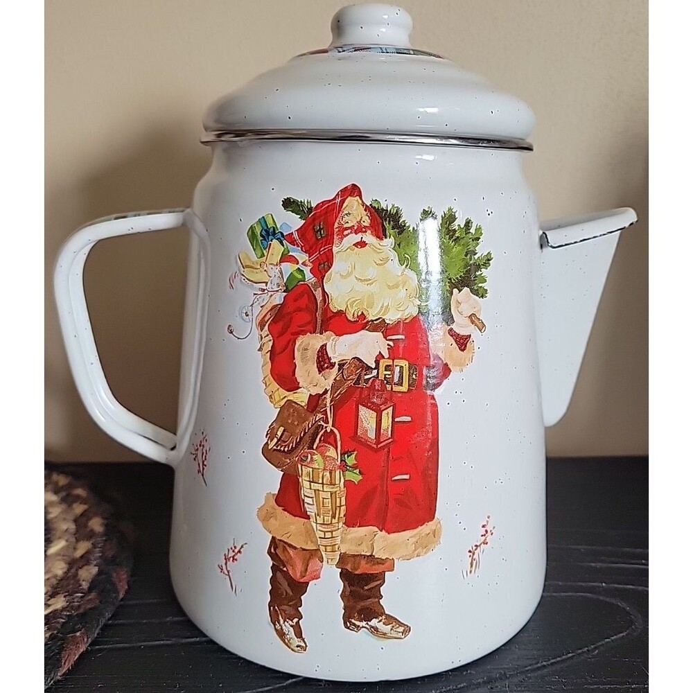 Vintage Hallmark Jan Karon White Enamel Santa Claus Holiday Coffee/Tea Pot